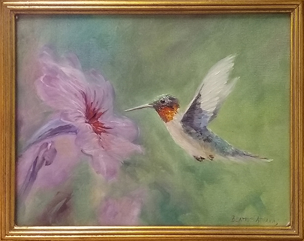 Painting of Hummingbird at Purple Flower