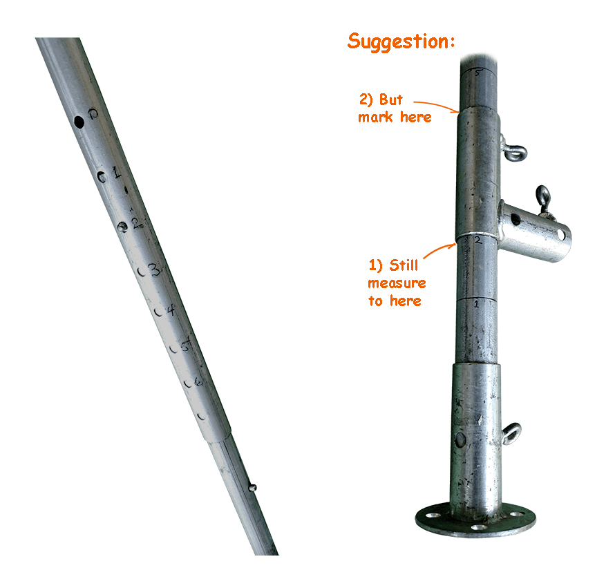 Top and bottom sections of canopy leg, showing added markings