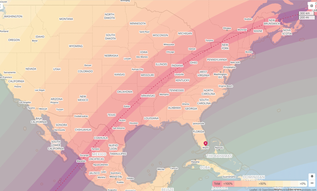 Map showing path of solar eclipse through North America on 4/8/2024